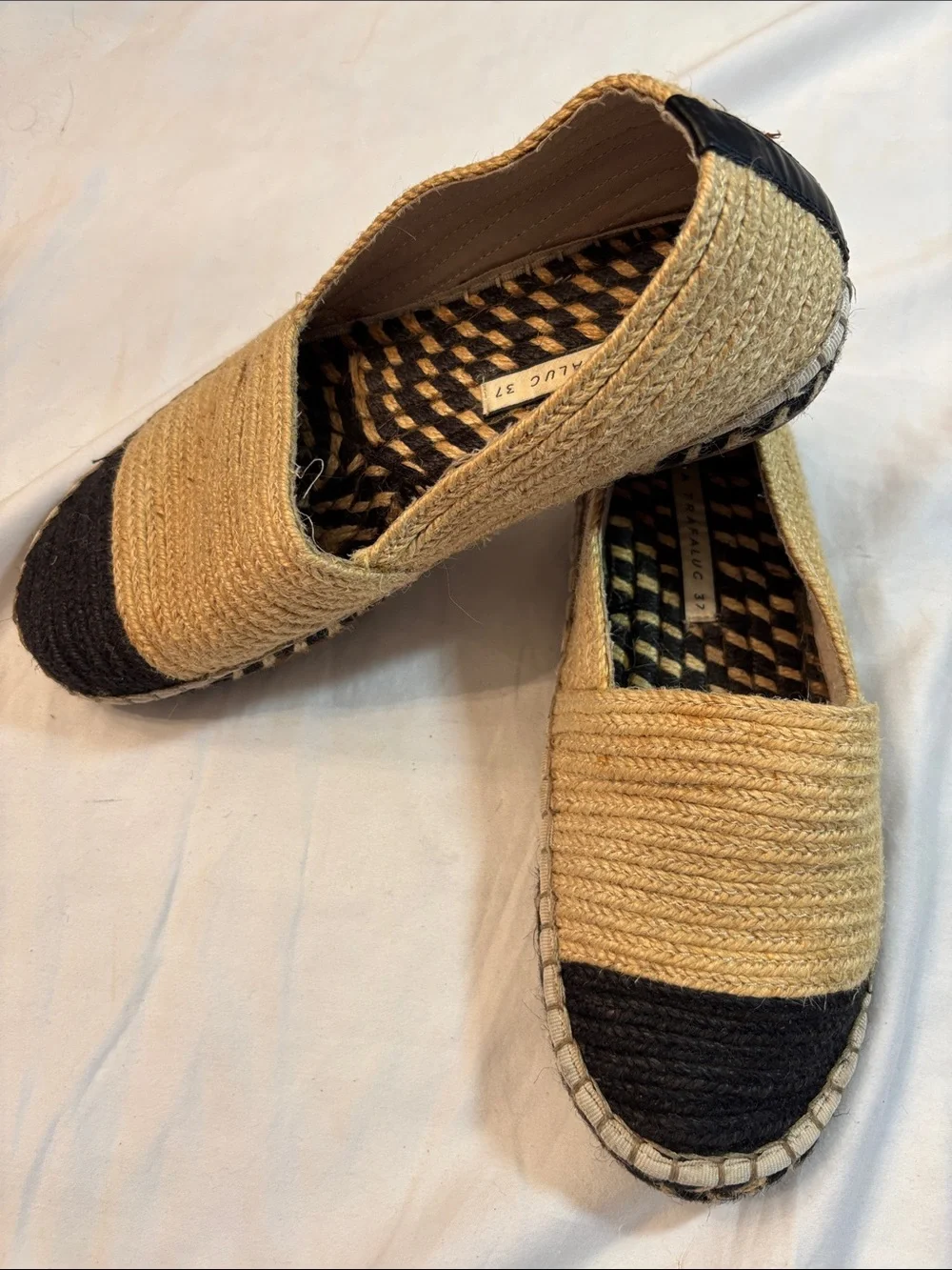 Zara Trafaluc Natural and Black Woven Espadrille Flats, SZ 6.5 New